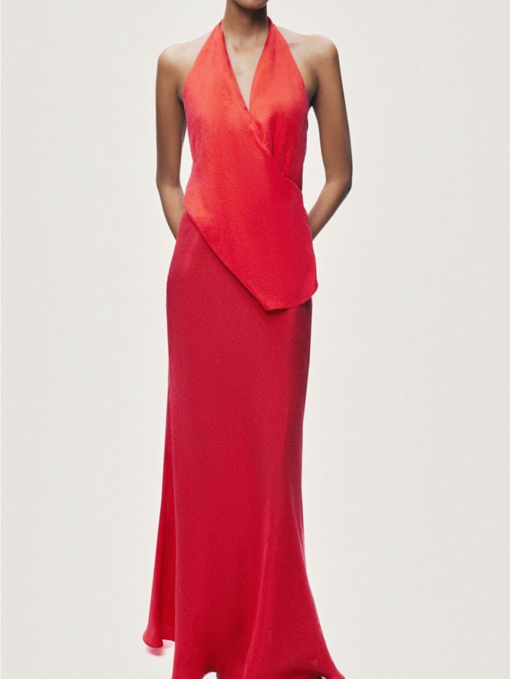 Red Halter Maxi Dress with Draped Overlay- Nocturne
